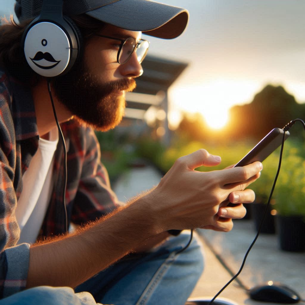 imagem de um homem com fone treinando sua escuta com podcast em inglês no celular